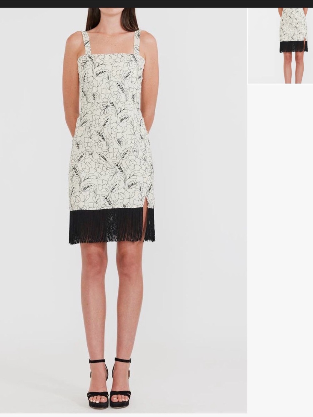 NWT szS Eddy Avery Floral Fringe Trim Square-Neck Dress - Black & Cream